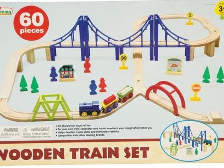 FIRST LEARNING WOODEN TRAIN SET WITH BRIDGE 60PC Cheap